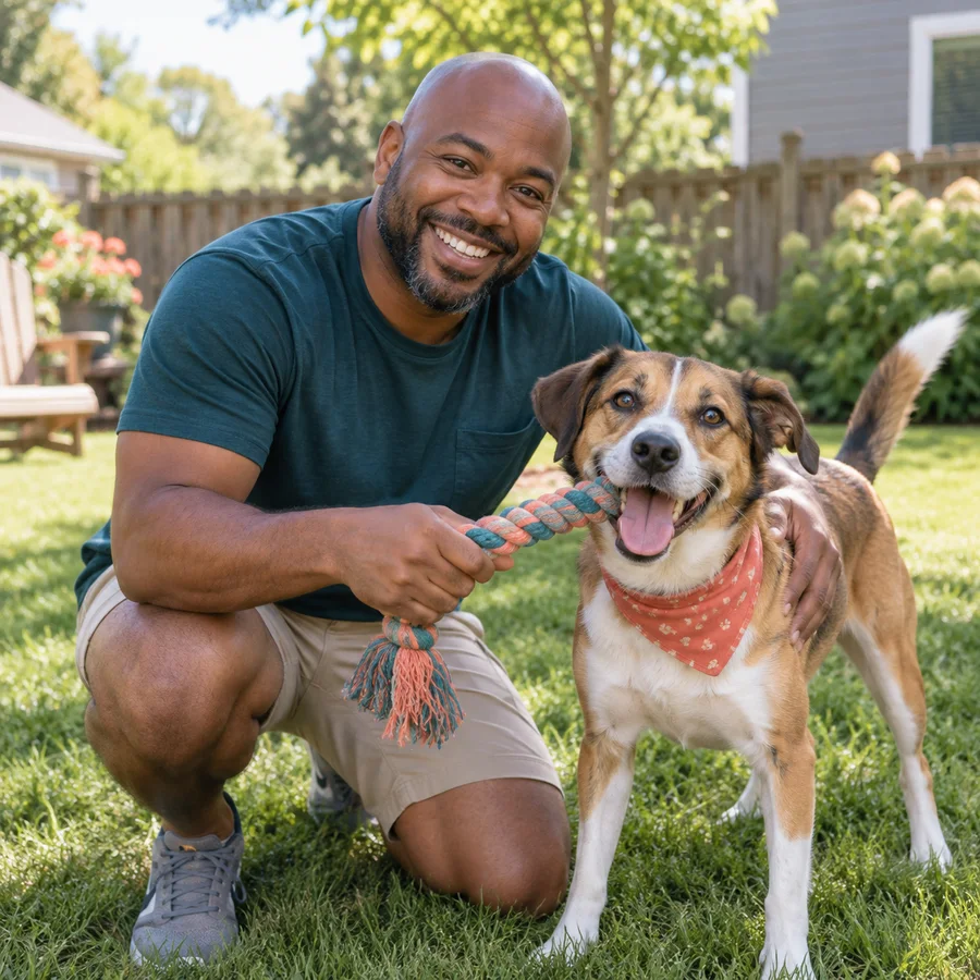 Illustrative pet owner spending time with Benny